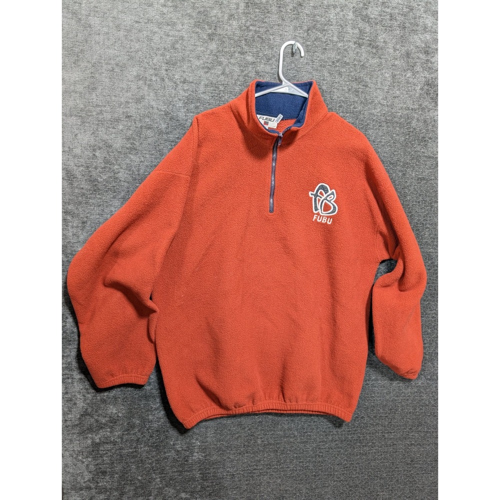 Vintage FUBU Fleece Quarter Zip Pullover Burnt Orange Navy Blue XL Streetwear